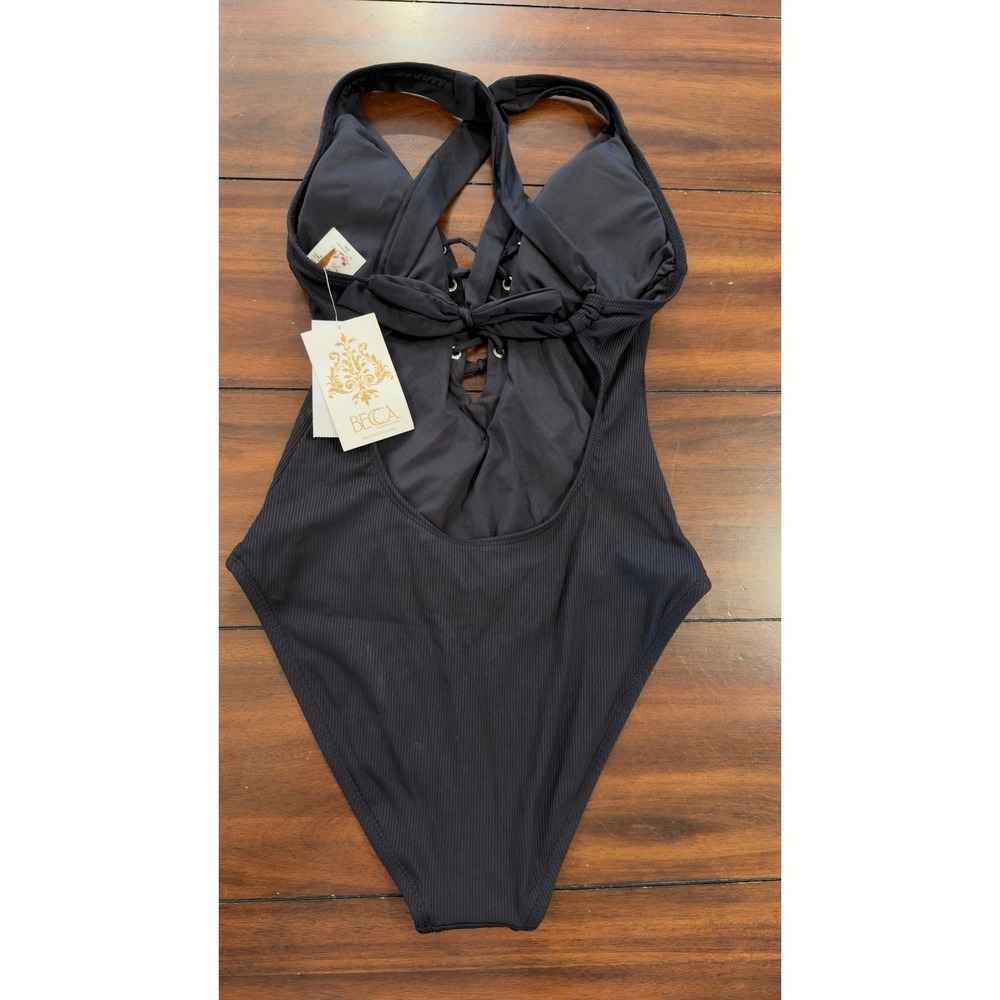 BECCA by Rebecca Virtue Black Ribbed Lace Up One Piece Swimsuit 541057M Medium